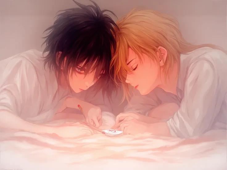 Anime couple yaoi writing a small book on bed, 1 man medium black hair, 1 man medium blond hair, lie prone, idol face, no Cloudy picture