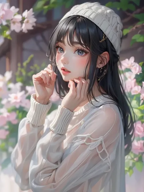 a beautiful young woman, detailed face, long black hair, wearing a thin white sweater, 立って手を振る、 amazing high definition painting