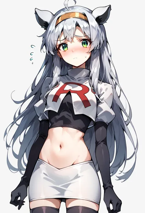 (score_9,score_8_up,score_7_up,score_6_up:1.2),source_anime,kawaii,flat color,
sistine fibel,ahoge,1girl,solo,navel,looking at viewer,(animal ears:1.2),silver hair,headband,green eyes,
looking at viewer,blush,shy,flustered,cowboy shot, team rocket,team roc...