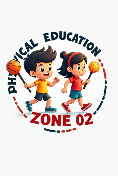 creates/Please design in 3D a logo ;  with an image of school physical education ;  a boy and a girl ;  that each one carries an implement in their hands and playing ;  that has the words PHYSICAL EDUCATION ZONE 02 around the logo