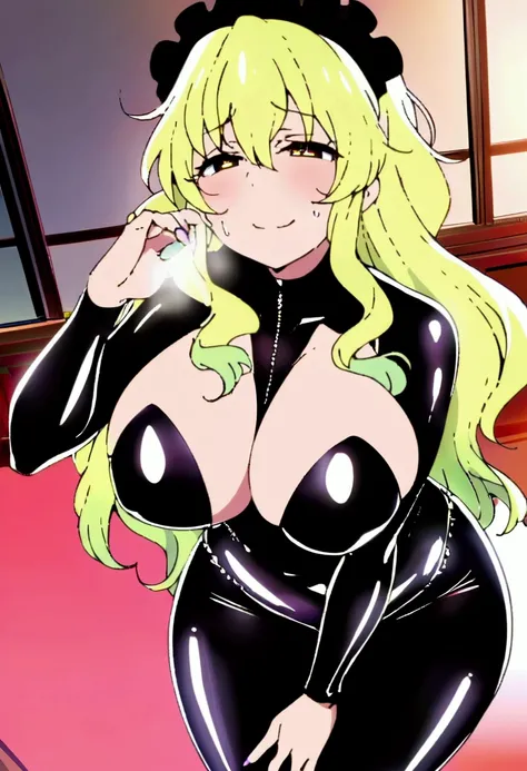 Lucoa from the anime dragon maid with big boobs very sweatys wearing a sexy dominatrix latex suit and looking to the camera with a naughty face and heavy breathing and sweating from hot