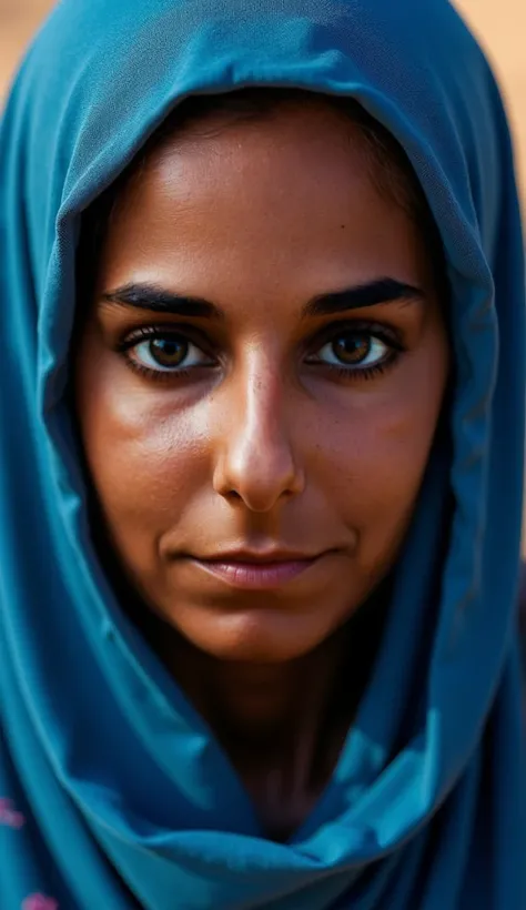 beautiful detailed eyes, beautiful detailed lips, extremely detailed eyes and face, long eyelashes, woman, tuareg, traditional national blue dress, selective focus background, best quality, 4k, 8k, highres, masterpiece:1.2, ultra-detailed, realistic, photo...