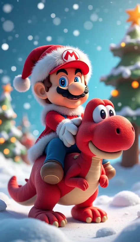 Super Mario dressed in a red Santa Claus outfit, sitting on a red cartoon-style dinosaur in a magical winter setting. Marios outfit features a red Santa hat with white trim, a matching festive suit, and boots, giving a holiday-themed twist to his classic l...