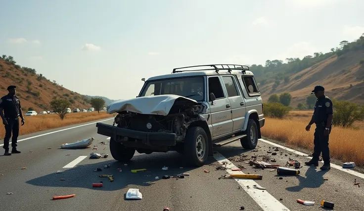 A picture of terrible accident scene on African highway. A terribly damaged vehicle should be seen in the incident and people should be  seen scattered on the floor around the damaged vehicle and security agents should be seen around the incident.