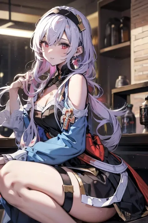 masterpiece,  1 girl, Amazing Cleavage:1.3,  thin waist,  big butt,  sexy,  medium bust:1.3,pTHEsed cleavage:1.2,sTHElTHE, lTHETHEking at viewer, THEpen mTHEuth, have a cup THEf cTHEffee, black hair,  red eyes,  dress, bare shTHEulders, gem, cTHEllarbTHEne...