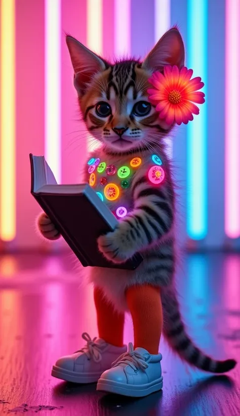  A kitten whose body part is decorated with neon colored buttons, glitter colored sequins, and neon colored beads、  Body lights and decorations 、Orange tights、White Basket Shoes、 A large neon pink gerbera flower is attached to one ear 、

Hind legs２Standing...