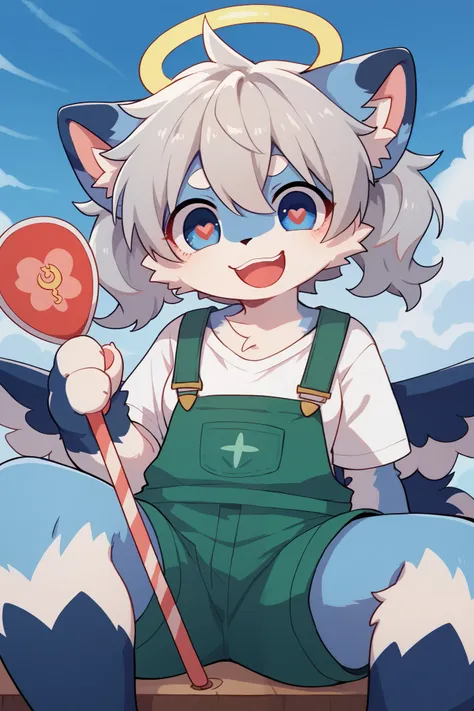      very detailedな,   very detailed,Blue fur,   gray hair,woman,骨を見て   excited,Heart Eyes,participate, cute face, sitting！,, fluffy fur , excited, Lustful Girl ,  angel,Beautiful sky,smile, green overalls, white t-shirt ,Alone,Dropped ears,My mental age ,...