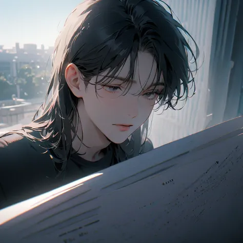 (8k, RAW photos, best quality, masterpiece: 1.4), (((Boy looking at documents))), Ultra-high resolution, Extremely detailed, light, closeup of arms, handsome boy, black eyes, (delicate eyes, Eyes are bright:1.2), black long hair, thin-framed glasses, soft ...