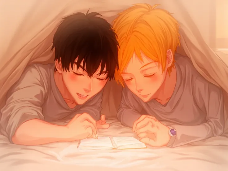 Two young men lying on their stomachs under a cozy blanket on a bed, depicted in an anime style. One has short black hair, and the other has short golden blonde hair styled like a male idol. The blonde-haired man is writing something in a small notebook wh...