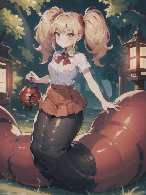 High-definition 、masterpiece、perfect tail 、 1 girl, Lamia,  scale,  white shirt, short waist pleated skirt、 whole body, Outdoor,mega twintails、Golden Scales、Red lantern