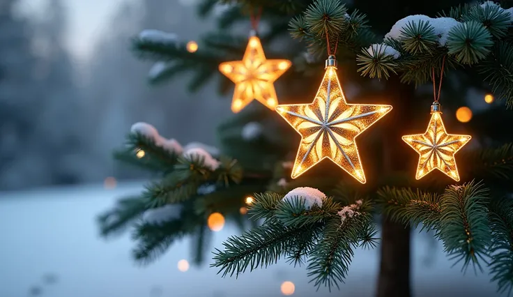 The image features a tree with branches adorned by three beautifully lit Christmas star ornaments. The star ornaments are hanging from the branches, creating a festive and warm atmosphere. The tree is surrounded by snow, adding to the wintery ambiance of t...