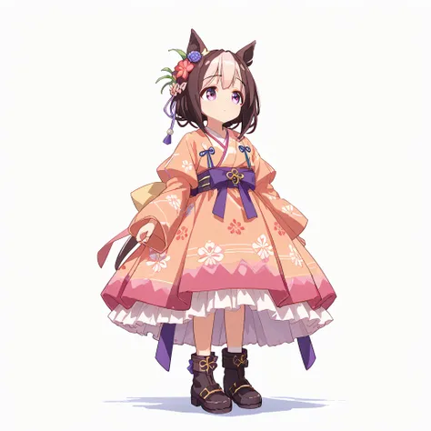 best quality, absurdres, masterpiece, 1人の女の子
special week (Uma Musume), 
full body, standing upright, white background, simple background, (purple (lolita fashion:1.5),(petticoat pannier:1.4),(high-waisted, flowing skirt with kimono motifs:1.6),(wrap-aroun...