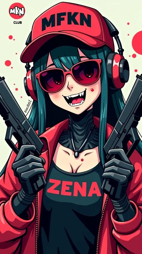 A vampire robot girl with big 2 sharp fangs with blood on the mouth , having cap with MFKN and sunglass and headphone holding guns ,with title ZENA on the chest , small logo says MFKN CLUB in the background