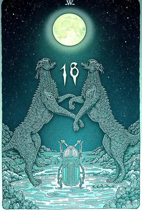 Drawing-like illustration , dreamlike , tarot, a moon,  two big dogs fighting,  night stars large ,  a small lagoon with a large beetle coming out of the water, with a number 18 