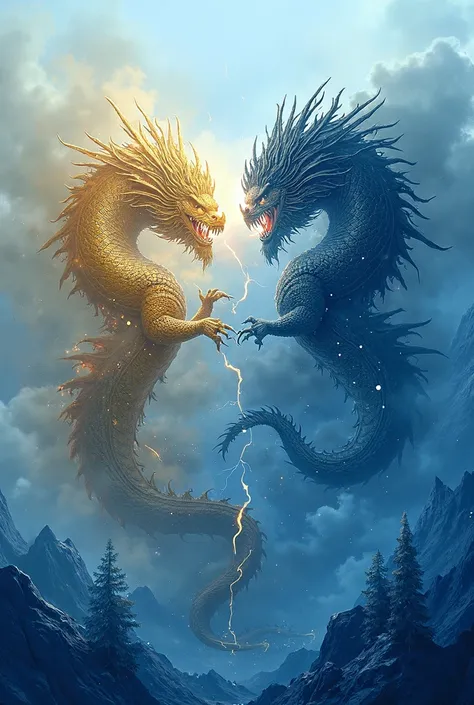 A golden eastern dragon fighting a black western dragon on the mountain 