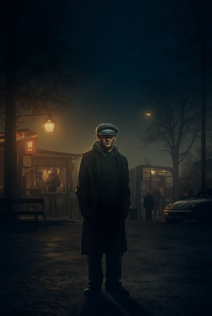 I want a 2D picture of A men wearing cap and standing opposite road side of Cafe  at night with his car 