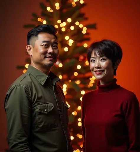     55-year-old asian man under crew cut hairstyle dark brown, strong and look good , soft tone   ,  Ultra-high-definition facial details   ,    Closed lips, wearing shirt and red jumper , dark cargo pants, and pretty woman 50 years, pixie cut almond-brown...