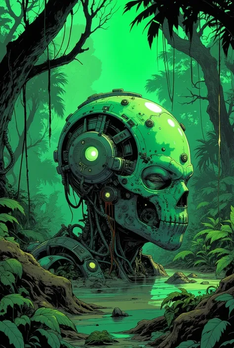  makes an image in the cyberpunk style , generates a mechanical helmet , futurist,  the helmet is on the ground , The scene is oriented in the jungle ,  the helmet is reflected in a bright neon green light,  and has a flash of the sun on the helmet .