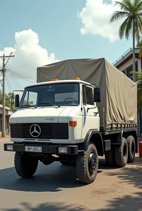 Brazilian Mercedes Benz truck with trunk from 1990 with double axle canvas in white as seen from the side 