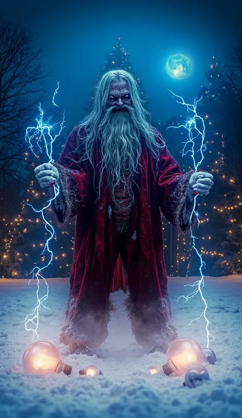 "Zombie Santa stands menacingly in the bright and festive snowy Christmas scene, featuring a glowing Christmas tree, a warmly lit house in the background, and a bright full moon in the sky. Santa holds two crackling electric wires—one in each hand—with bri...