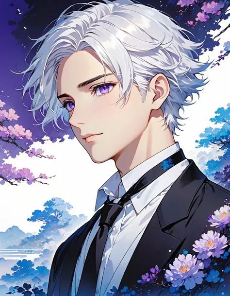 The image boy depicts an illustrated character with vibrant white hair.purple eyes, The character is wearing a white collared shirt with a black inner layer that includes a black tie or similar accessory. The background is gradient blue, giving a serene an...