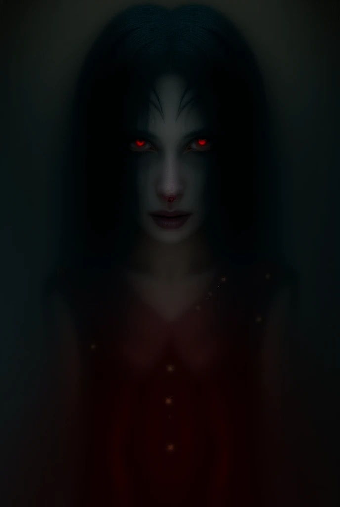 Dark black hair, bright red eyes, small mouth, red lip, blood pig nose, face like a 20 year old boy wearing a pine-red nightgown with star embellishments, puppet shape with big breasts, big butt.