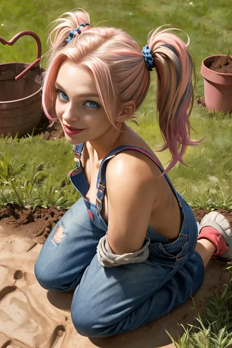 (((full body image of woman))), Harley Quinn being transformed into a dog.  Full body portrait of Harley Quinn, blonde long hair, ((hair tied back, twintails, blue and pink highlights)), (((bright blue eyes))), mischevious smile, very detailed face, very d...