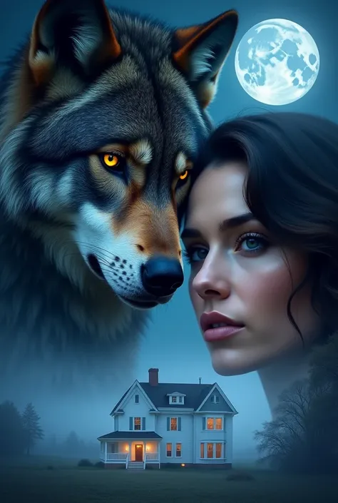  Cover of a romantic thriller with the face of a handsome man,  half of the face is that of a wolf ,  next to a beautiful woman, Both mysterious,  as main characters ; And in the background a beautiful white house , and a full Moon , fog effect, bottomless...