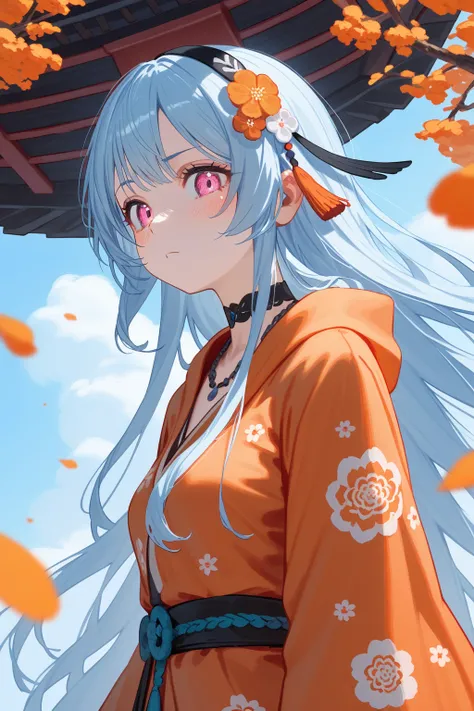 rocbouquet, romancing saga 2, seven heroes, pink eyes, light blue hair, (soft wavy hair:0.5),semi-long hair ,hair ornament, black choker ,necklace,black hairband, (orange furisode, orange kimono, hair ornament, floral print, wide sleeves)
BREAK
25 year old...