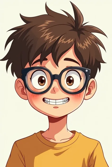 Manga nerdy Caucasian boy with short brown hair with glasses and braces smiling awkward with his cheeks flushed 