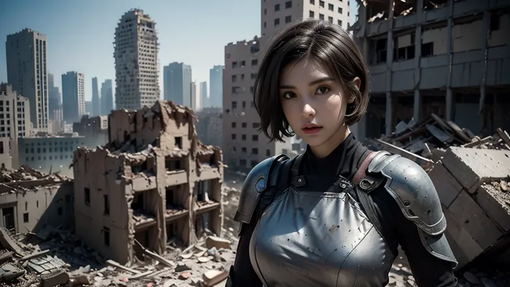 masterpiece,  high-resolution ,8K,( Portrait Photos:1.5),(R Original Photo),Reality,Digital Photography,(Ruins of the Apocalypse  ),City ruins，20 year old pretty female ，Short hair，Shut up，  post-apocalyptic scene ， Upper body photography ，Damaged Armor，Fu...