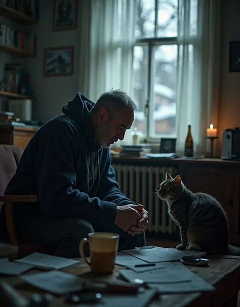 a lonely older man, in a shabby apartment, coffee on his desk, cold winter day, the man appears depressed and even bitter, a cat looks up at him, his desk is littered with papers and books, the atmosphere is dark, detailed, intricate, volumetric lighting, ...