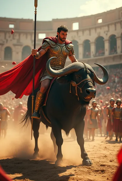  A mounted Roman warrior In a gigantic ghastly giant buffalo enter the Colosseum arena .  The man is dressed in ornate armor ,  decorated with gold details and a flowing red cloak ,  holding a long spear firmly . the Buffalo, of colossal proportions,  show...