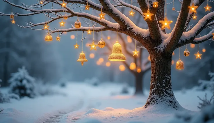 The image features a tree adorned with Golden star and bell ornaments hanging from a frosted branch, creating a warm and inviting atmosphere. It is set outdoors, snowy path in the background, in a winter landscape, surrounded by snow, highlighting the cold...