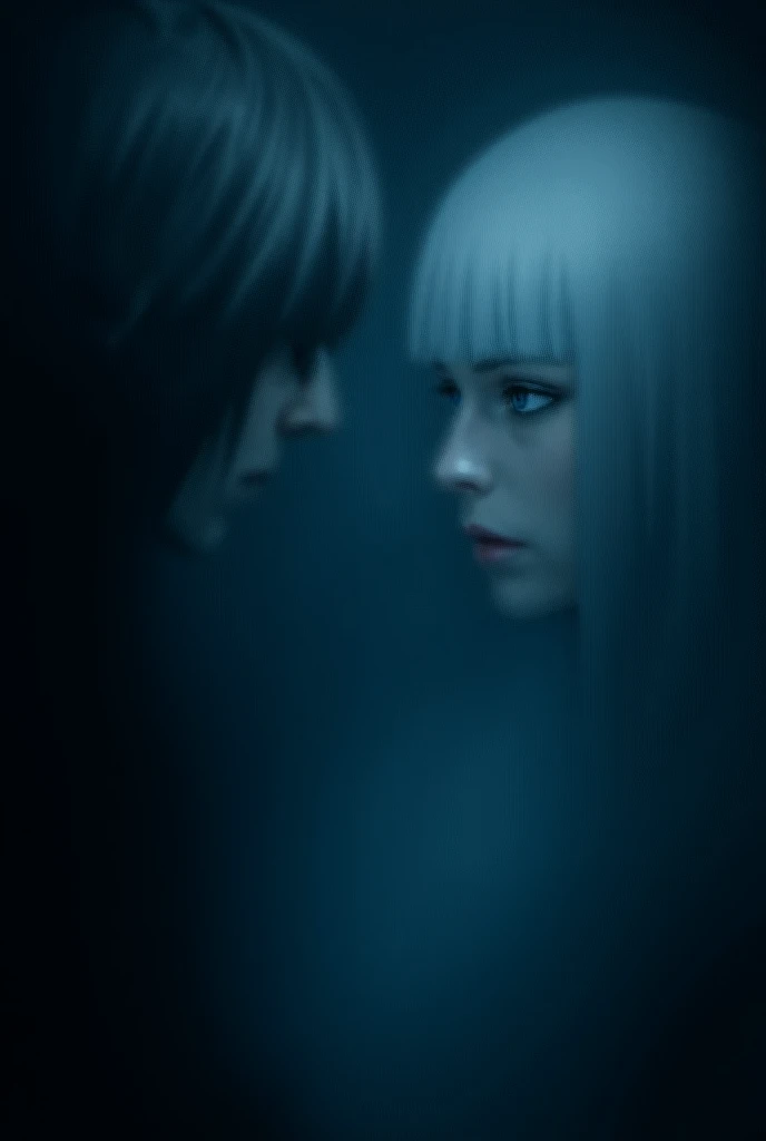  Book cover but only the image ,  I want the character L from Death Note facing a woman with straight white hair with fringe and blue eyes, Against the background of the dark image 