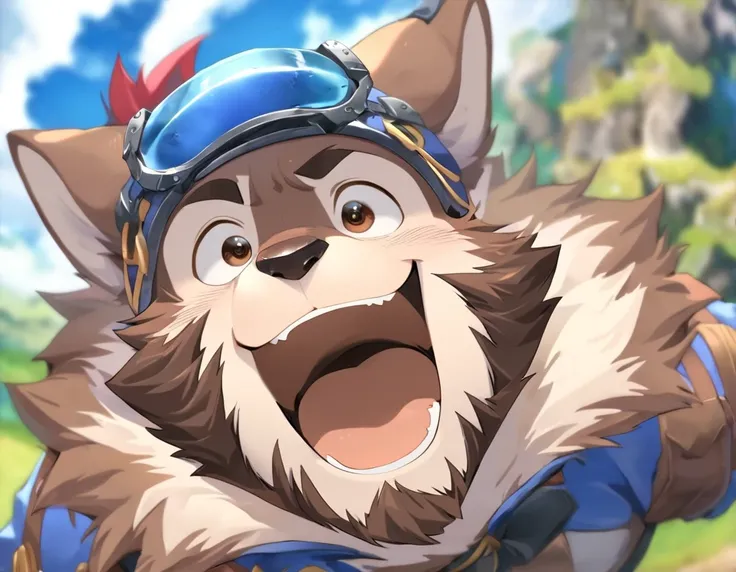 anthro, kemono, male, solo, ((thick beard)), ((muscular body type, young male)), ((adventure costume:1.5)), (Brown husky) fluffy fur, fluffy), (at lawn hills, blue sky clouds), bokeh, (face focus, headshot), detailed background, (high quality, highres, mas...