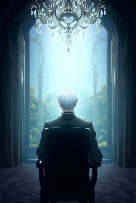 Create a cover of a fantasy novel titled Agatea Fantasy  (if) anime style with a young man in a black suit with silver hair sitting in a chair in a mansion and facing the front facing a large glass that shows the natural scenery in the morning and there is...