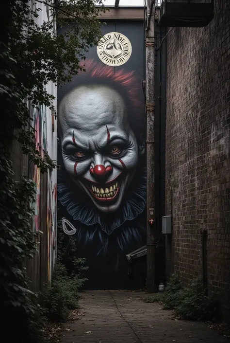 ((creepy clown mural)), super sharp image, ((the details of each element look sharp, with perfect focus on the entire image without any blur or bokeh effects)), high resolution, 4k