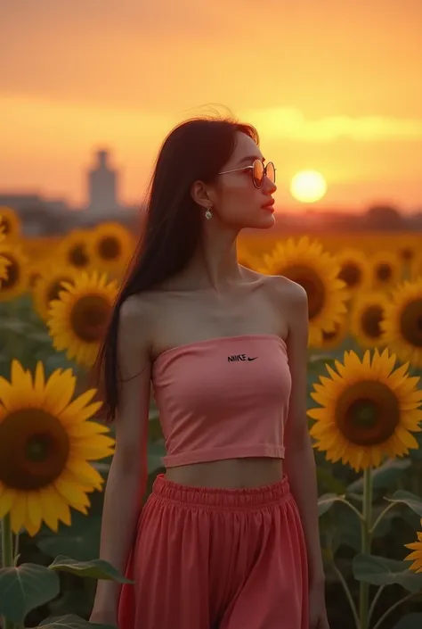  Photo of a beautiful beautiful Asian woman  ,   Scene in a field filled with sunflower , The woman is walking in the middle of the sunflower field ,  the woman is watching the sunset the sky is orange with red yellow, thinking,  black hair, pink hair,    ...