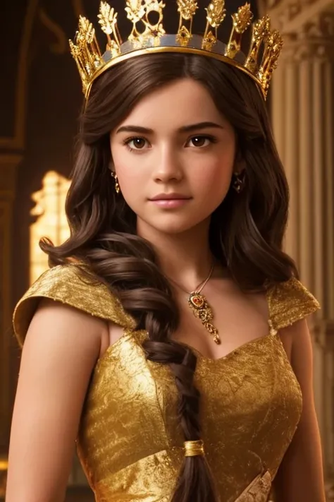 scene from a Disney live action , showing the beautiful young Queen Evangeline Frostheart of Unam, with wavy brown hair, fair skin, sweet gaze and brown eyes, in her royal attire and his crown 