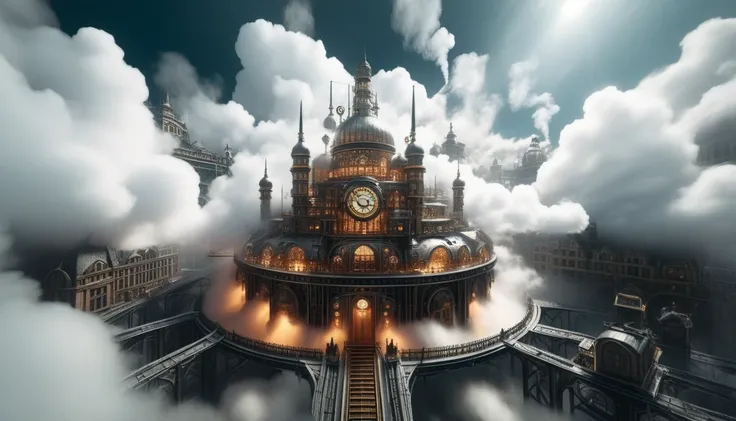 Amidst billowing clouds of steam, a cityscape of intricately crafted clockwork and advanced AI beckons, a testament to human ingenuity.