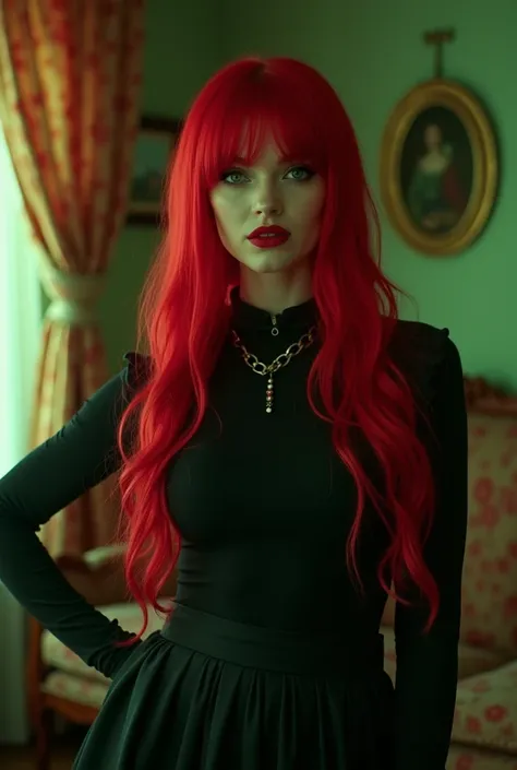 woman with red hair and black top posing in a room, an album cover inspired by Rowena Meeks Abdy, instagram, renaissance, ava max, red wig, ariana grande as a sith, cardi b, her wardrobe is attractive, she is the queen of black roses, profile pic, red and ...