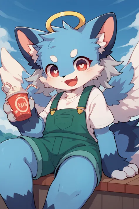      very detailedな,   very detailed,Blue fur,   gray hair,woman,骨を見て   excited,Heart Eyes,participate,   cute face,   sitting！,,   fluffy fur    ,    excited, Lustful Girl ,  angel,Beautiful sky,smile,   green overalls   ,    white t-shirt    ,Alone,Dropp...