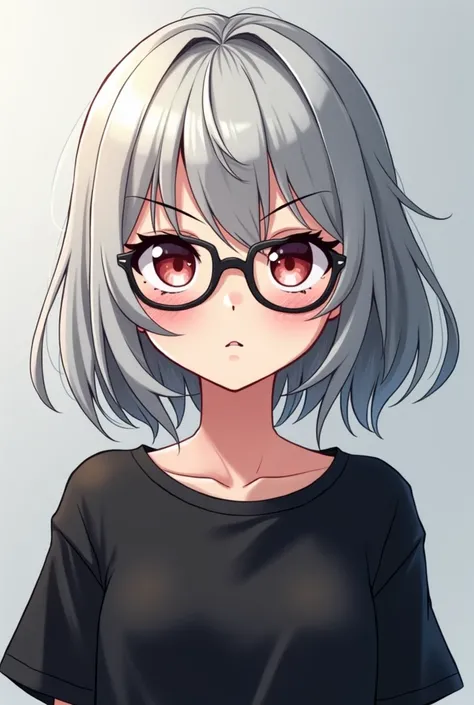 Anime girl with glasses and a black t-shirt, a character portrait inspired by INO, tumblr, some kind,   have dark gray hair  , white haired, Shaded flat anime style, in an anime style, white haired, estilo varguyart, 2d anime style, in anime style, Anime s...