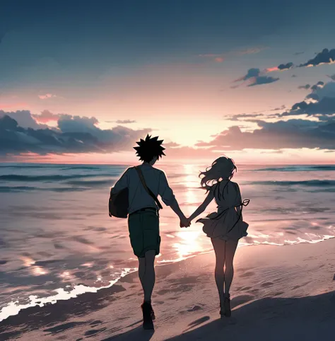 Create an image where the two characters Katsuki Bakugo and Izuku Midoriya are walking on the beach holding hands, very much in love and about to kiss..