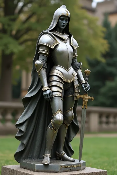  The statue of a knight .  She wears armor , She is without her helmet ,  leaving her face showing .  She has a sword stuck in the ground ,  her right hand holding .  At the base of this statue is written . Princess Bagriela .  A statue made of cement with...