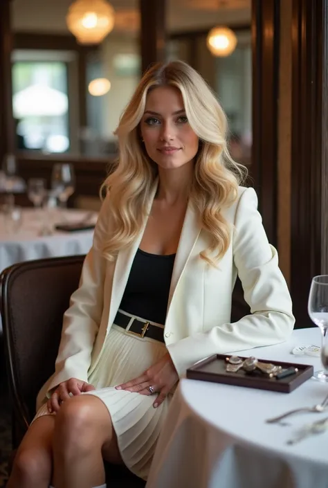  Create images of blonde women with long wavy hair with a babyliss effect, wearing a white blazer, short pleated skirt and black shirt , white boot,  she is sitting in an elegant restaurant  em Paris, na calçada 