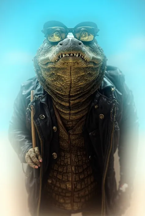 Crocodile wearing biker jacket beach glasses holding a billiard stick