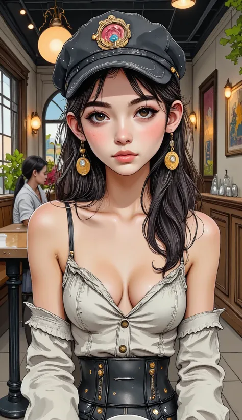  Creates an image of a woman with a super feminine appearance.  She must be holding a cup of tea in her hand ,  sitting on a chair in a restaurant ,  and looking directly at the viewer with a provocative look .  This woman has long hair and bangs ,  with a...