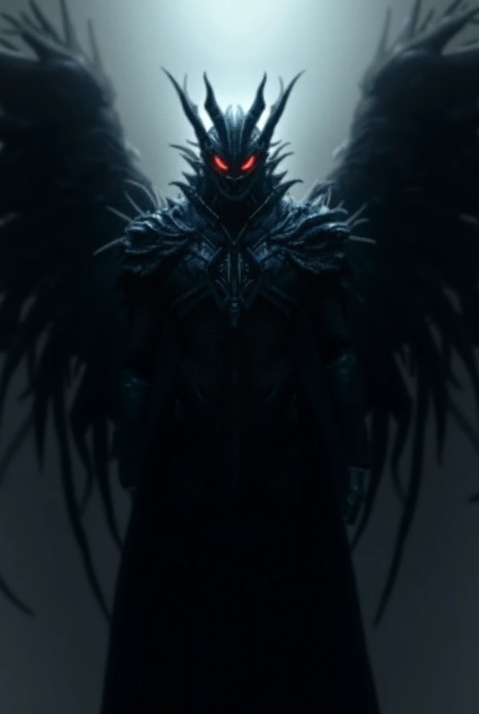 Human Male. White skin. Full black steel armour with horned helmet. Menacing black feathered wings. Glowing red eyes. Admiral authority